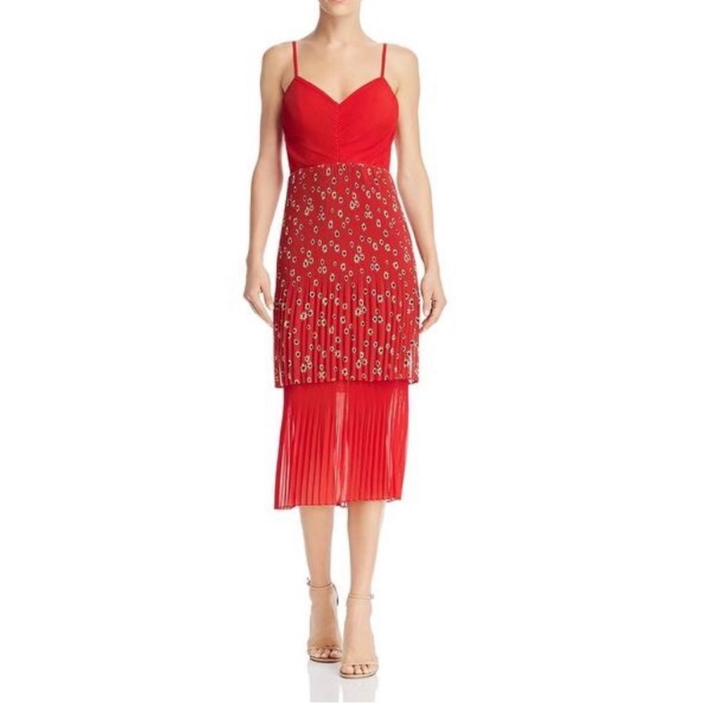 Fame And Partners Women Midi daisy cherry red V-Neck Tiered Gown Dress M41